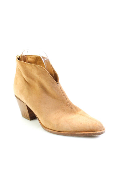 Vince Womens Pointed Toe Stacked Cuban Heel Ankle Boots Tan Suede Size 37 7