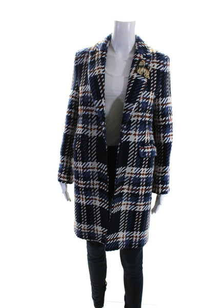 Vilagallo Womens Navy Blue Plaid One Button Pockets Long Sleeve Coat Size 38