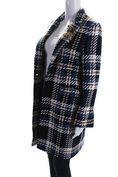 Vilagallo Womens Navy Blue Plaid One Button Pockets Long Sleeve Coat Size 38