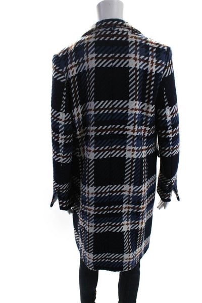 Vilagallo Womens Navy Blue Plaid One Button Pockets Long Sleeve Coat Size 38