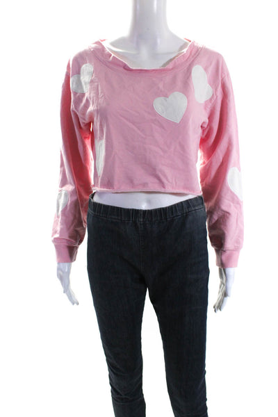 Love Shack Fancy Womens Cotton Heart Applique Cropped Crewneck Top Pink Size XS