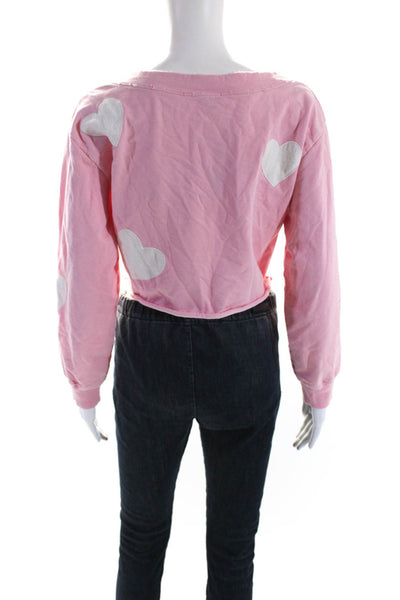 Love Shack Fancy Womens Cotton Heart Applique Cropped Crewneck Top Pink Size XS