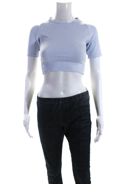 ALALA Womens Knit Crew Neck Short Sleeve Cropped T-Shirt Tee Blue Size S