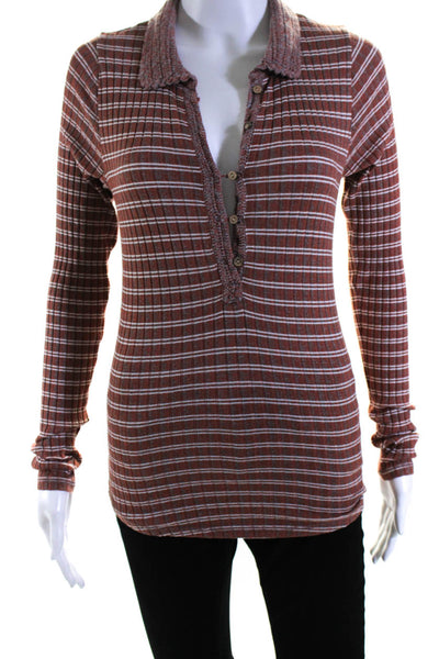 Free People Women's Collared Long Sleeves Ribbed Blouse Burnt Orange Size XS