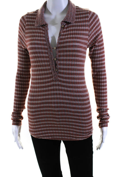 Free People Women's Collared Long Sleeves Ribbed Blouse Burnt Orange Size XS