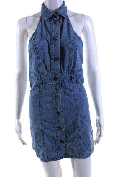 Free People Women's Collared Halter Light Wash Denim Mini Dress Size XS