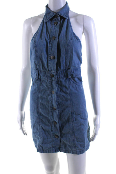 Free People Women's Collared Halter Light Wash Denim Mini Dress Size XS