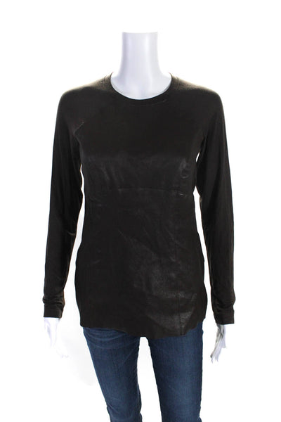 Elaine Kim Womens Brown Leather Front Crew Neck Long Sleeve Blouse Top Size 4