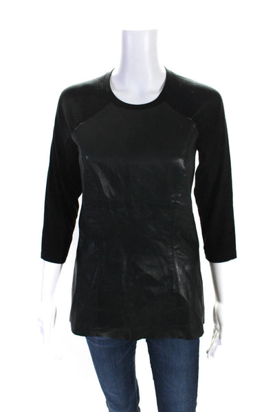 Elaine Kim Womens Black Leather Front Crew Neck 3/4 Sleeve Blouse Top Size S