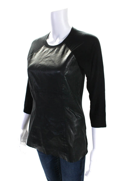 Elaine Kim Womens Black Leather Front Crew Neck 3/4 Sleeve Blouse Top Size S