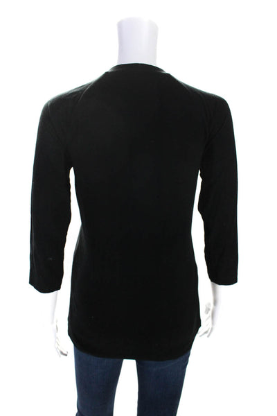 Elaine Kim Womens Black Leather Front Crew Neck 3/4 Sleeve Blouse Top Size S