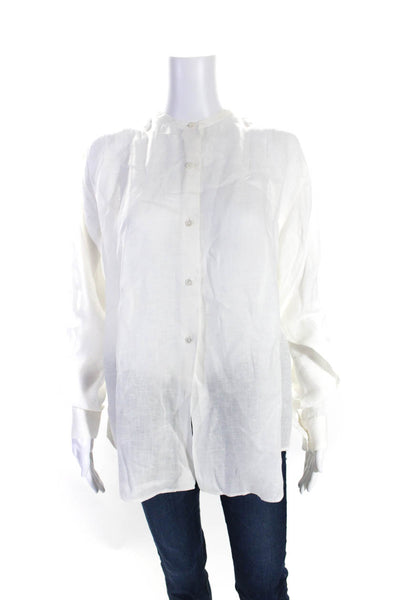 J Crew Womens White Linen Crew Neck Long Sleeve Button Down Blouse Top Size M