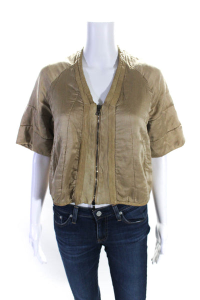 Transit Par Such Womens Beige Silk V-Neck Full Zip Short Sleeve Jacket Size 2