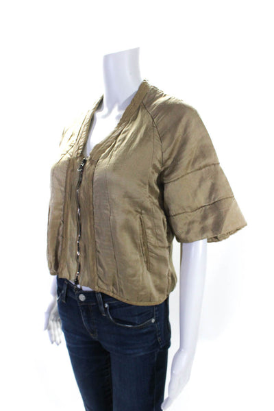 Transit Par Such Womens Beige Silk V-Neck Full Zip Short Sleeve Jacket Size 2