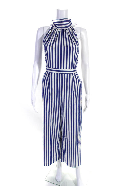 J Crew Womens Blue Cotton Striped Halter Sleeveless Wide Leg Jumpsuit Size 8