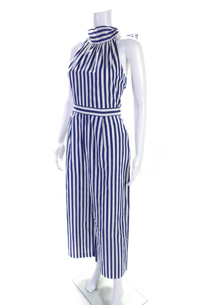 J Crew Womens Blue Cotton Striped Halter Sleeveless Wide Leg Jumpsuit Size 8