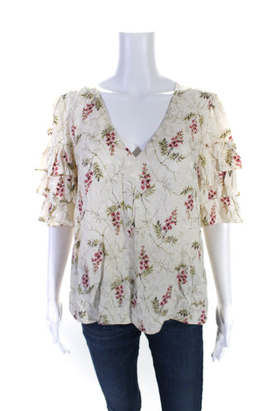 Rebecca Taylor Womens Floral Jacquard Satin V Neck Top Blouse Ecru Size 12