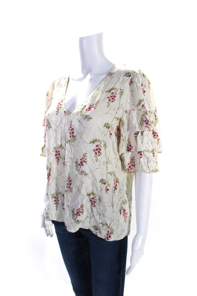 Rebecca Taylor Womens Floral Jacquard Satin V Neck Top Blouse Ecru Size 12