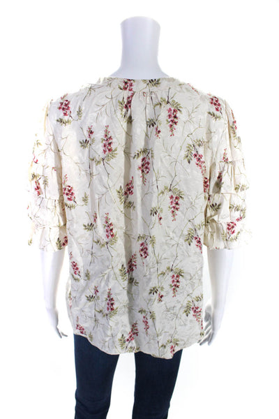 Rebecca Taylor Womens Floral Jacquard Satin V Neck Top Blouse Ecru Size 12