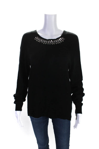 Rebecca Taylor Womens Embellished Crew Neck Sweater Black Wool Size Large