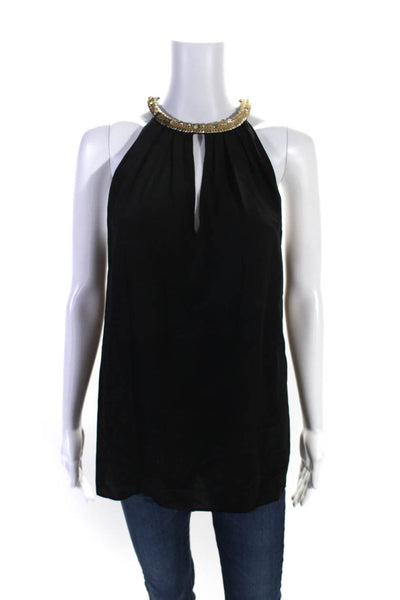 Rebecca Taylor Womens Sequin Halter Sleeveless Pleated Top Blouse Black Size 10