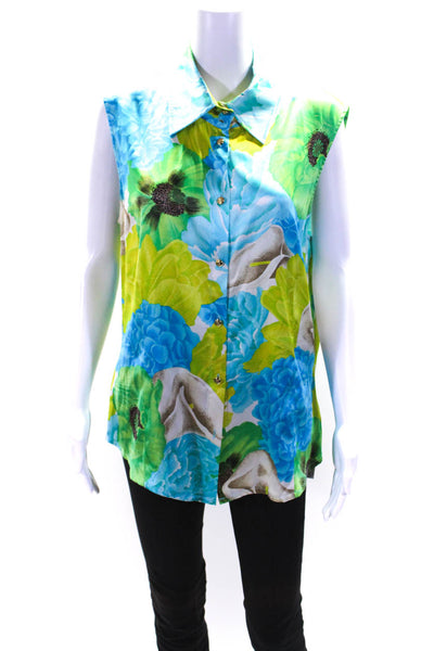 St. John Womens Silk Floral Print Button Down Tank Top Blue Yellow Size 14