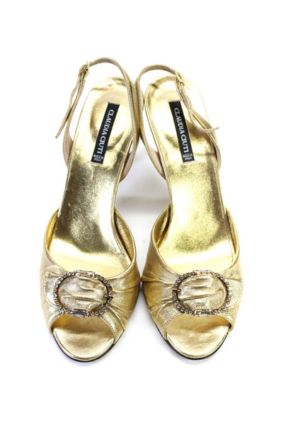 Claudia Ciuti Womens Peep Toe Metallic Leather Slingback Sandals Gold Size 8