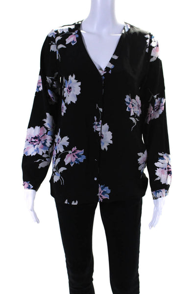 Joie Womens Silk Long Sleeve V Neck Button Down Floral Blouse Black Size XS