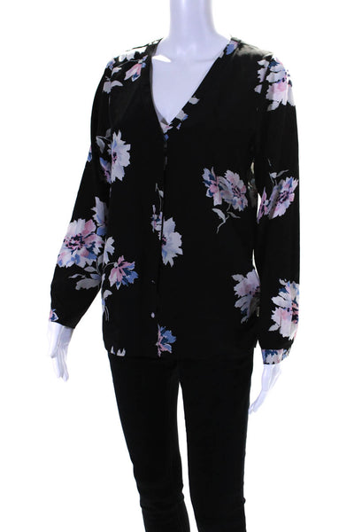 Joie Womens Silk Long Sleeve V Neck Button Down Floral Blouse Black Size XS