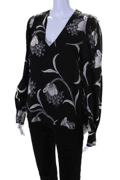 Joie Womens Long Sleeve Floral Print V Neck Blouse Black Size M