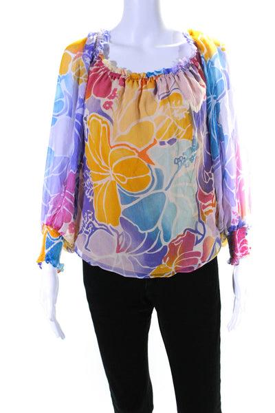 Ramy Brook Womens Silk Long Sleeve Floral Off Shoulder Blouse Multicolor Size S