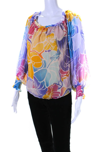 Ramy Brook Womens Silk Long Sleeve Floral Off Shoulder Blouse Multicolor Size S