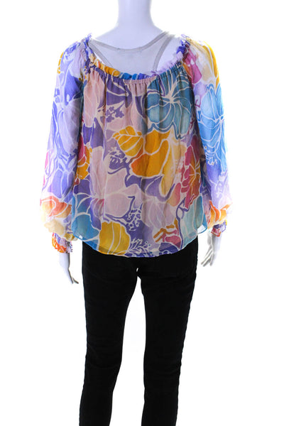 Ramy Brook Womens Silk Long Sleeve Floral Off Shoulder Blouse Multicolor Size S