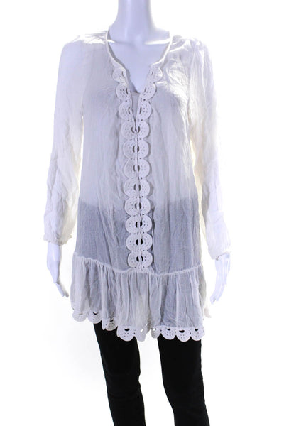 Eberjey Womens V-Neck Embroidered Long Sleeve Tunic Blouse Top White Size S