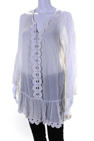 Eberjey Womens V-Neck Embroidered Long Sleeve Tunic Blouse Top White Size S