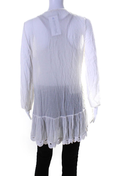 Eberjey Womens V-Neck Embroidered Long Sleeve Tunic Blouse Top White Size S