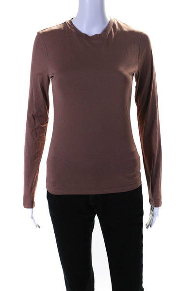 Theory Women's Round Neck Long Sleeves Basic T-Shirt Brown Size P