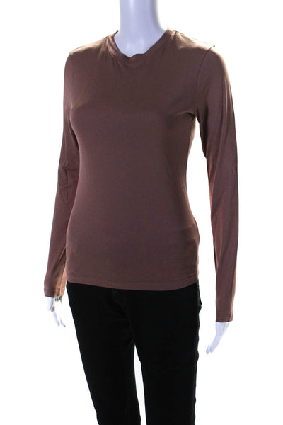 Theory Women's Round Neck Long Sleeves Basic T-Shirt Brown Size P