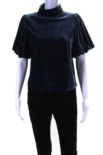 Free People Women's Mock Neck Short Sleeves Velvet Blouse Blue Size XS