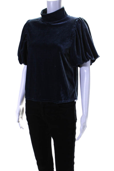 Free People Women's Mock Neck Short Sleeves Velvet Blouse Blue Size XS