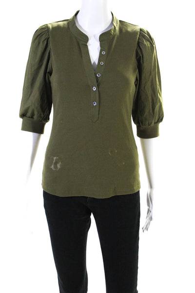 Veronica Beard Jeans Womens Half Button Crew Neck Ribbed Knit Shirt Green Small