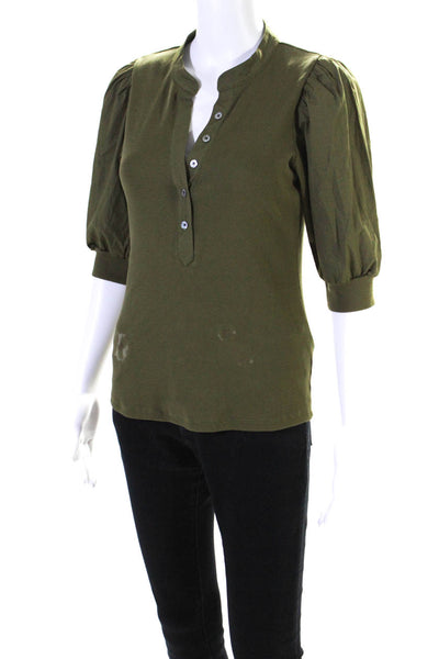 Veronica Beard Jeans Womens Half Button Crew Neck Ribbed Knit Shirt Green Small