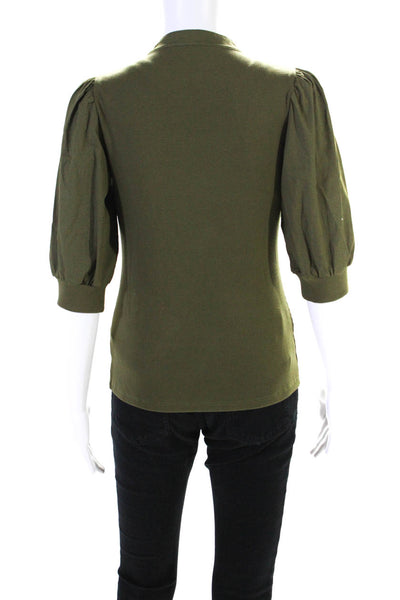 Veronica Beard Jeans Womens Half Button Crew Neck Ribbed Knit Shirt Green Small