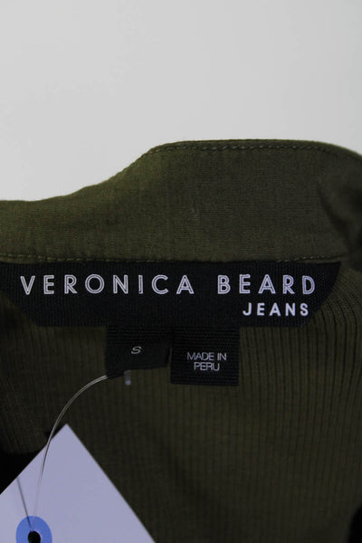 Veronica Beard Jeans Womens Half Button Crew Neck Ribbed Knit Shirt Green Small