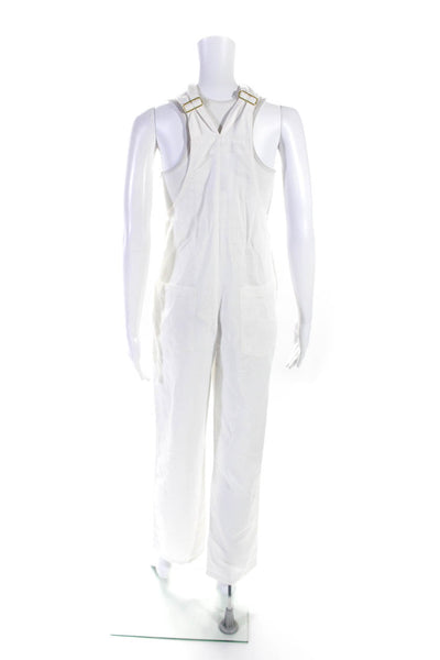 We Wore What Womens Square Neck Pocket Front Linen Overalls White Size Medium