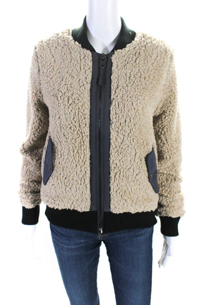 Marrakech Womens Beige Fuzzy High Neck Zip Long Sleeve Bomber Jacket Size S