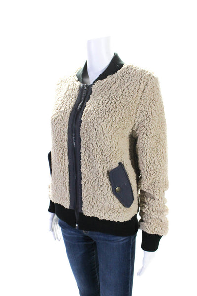 Marrakech Womens Beige Fuzzy High Neck Zip Long Sleeve Bomber Jacket Size S