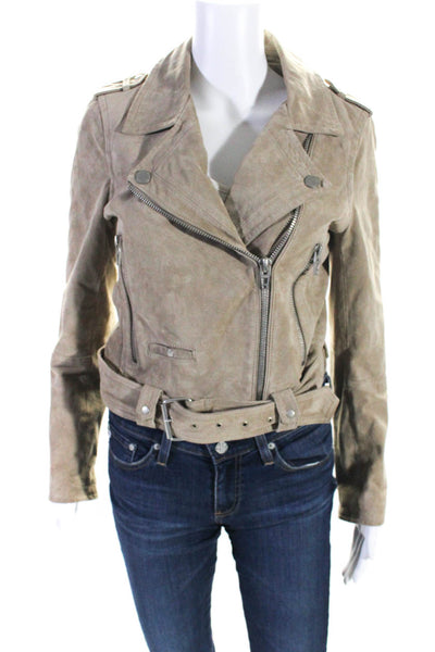 Blank NYC Womens Taupe Leather Full Zip Long Sleeve Motorcycle Jacket Size S