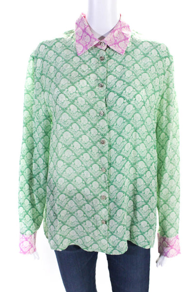 Wu'Side Womens Green Pink Printed Collar Long Sleeve Button Down Shirt Size S/M
