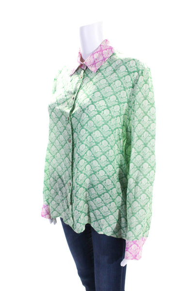 Wu'Side Womens Green Pink Printed Collar Long Sleeve Button Down Shirt Size S/M